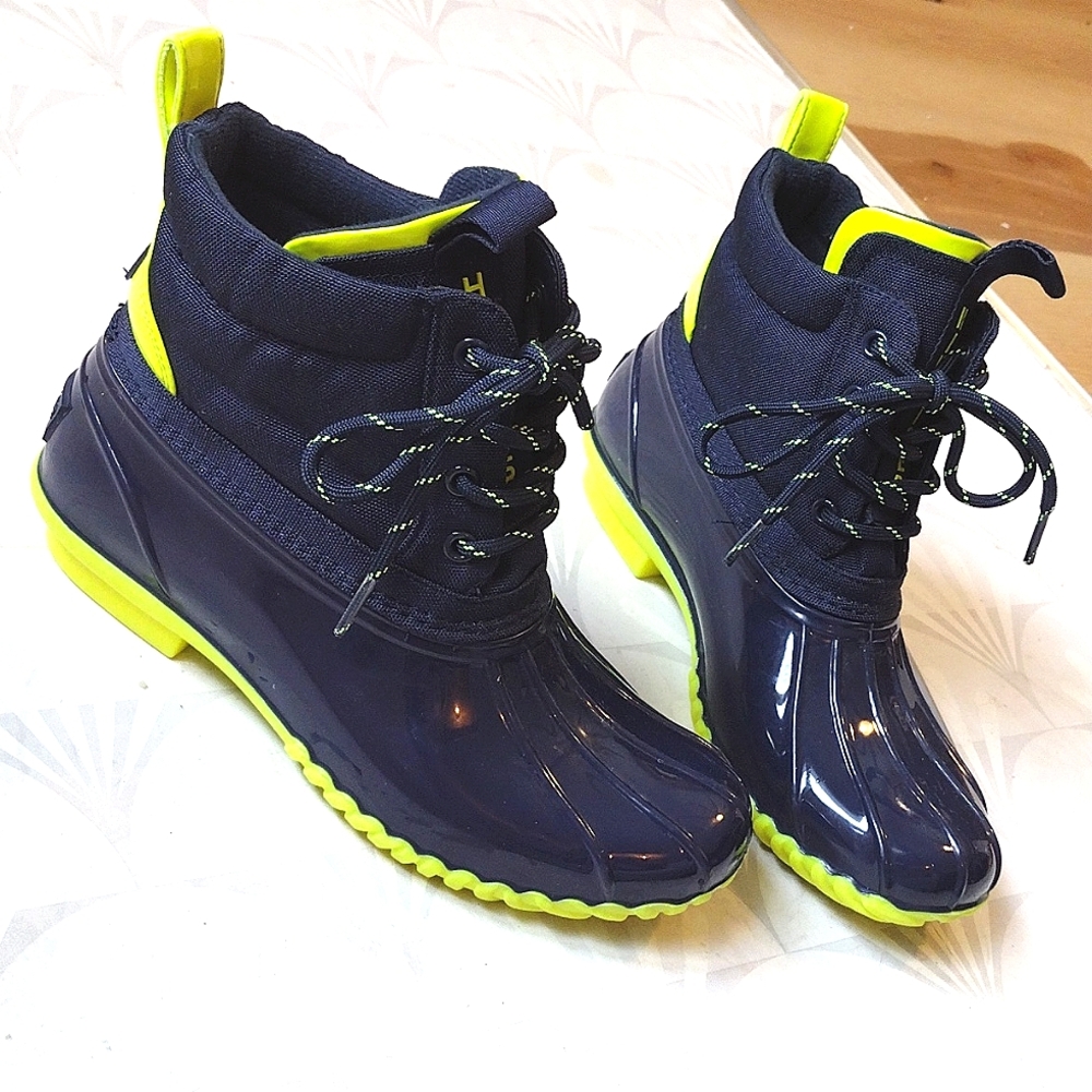Tommy Hilfiger Navy and Neon Yellow Womens Winter Rain Boots